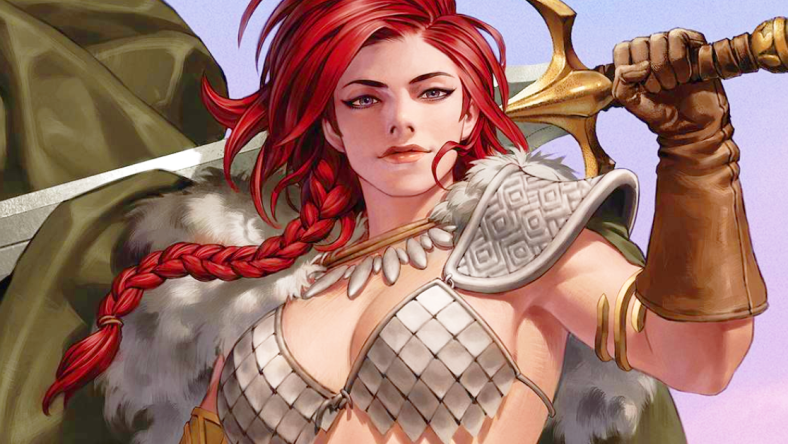 Red Sonja prepares for her next challenge on Jung-Geun Yoon's variant cover to Red Sonja Vol. 7 #4 "His Master's Voice, Part Four" (2023), Dynamite Comics