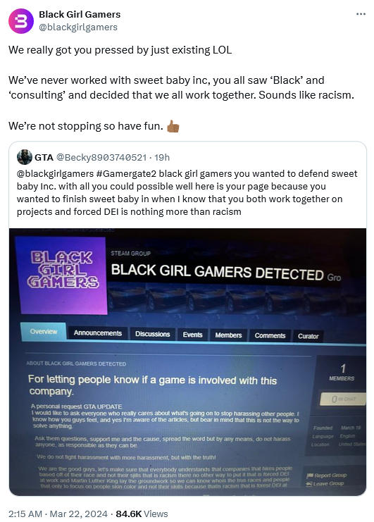 Black Girl Gamers responds to a critic of their Sweet Baby Inc. defense.