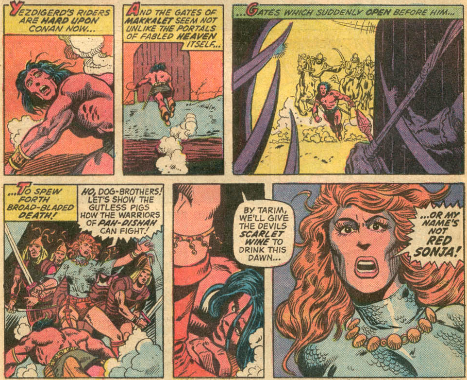 Red Sonja makes her debut in Conan the Barbarian Vol. 1 #23 "The Shadow of the Vulture!" (1972), Marvel Comics. Words by Roy Thomas, art by Barry Windsor-Smith, Sal Buscema, Dan Adkins, Chic Stone, and Artie Simek.