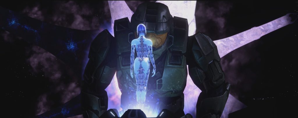 Master Chief (Steve Downes) and Cortana (Jen Taylor) barely make it onto the Forward Unto Dawn in Halo 3 (2007), Bungie