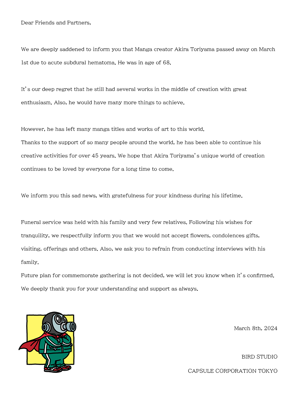 A mensagem da Bird Studio e da Capsule Corporation Tokyo anunciando o falecimento do criador de Dragon Ball, Akira Toriyama.