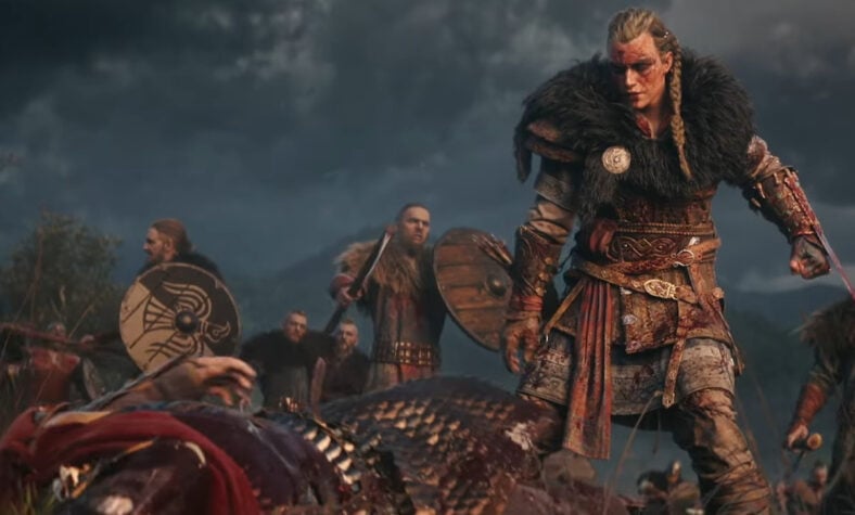 Eivor (Cecile Stenspil) fells an English soldier in Assassin's Creed: Valhalla (2020), Ubisoft