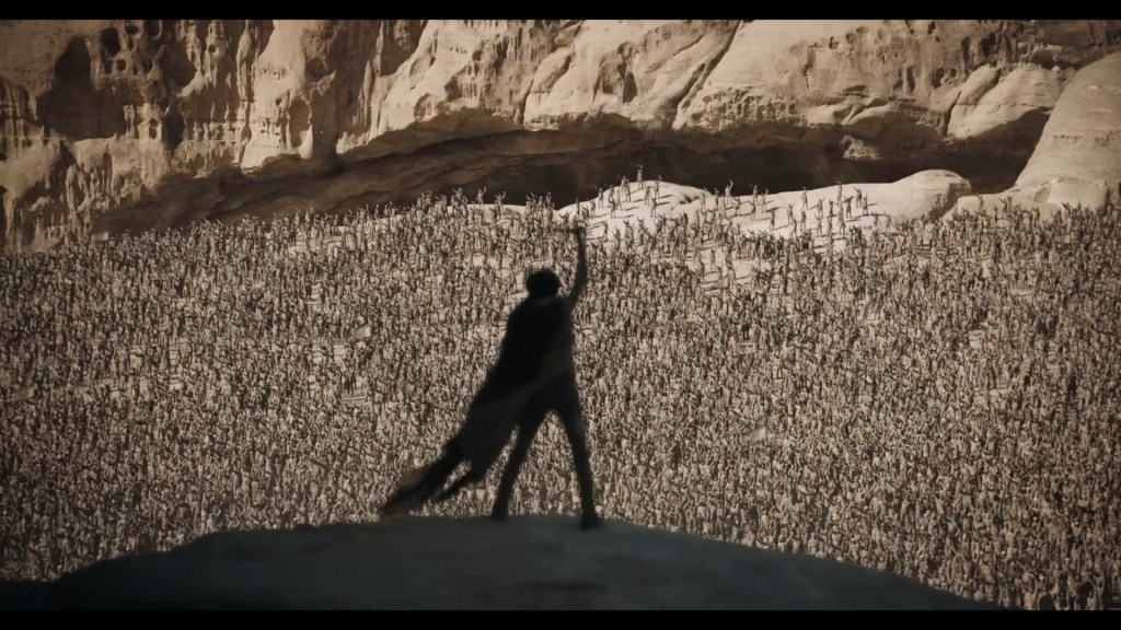 Paul Atreides (Timothée Chalamet) rallies the Fremen in Dune: Part Two (2024), Legendary Pictures