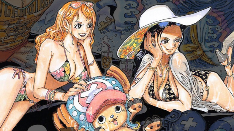 The Straw Hats enjoy the waves on Eiichiro Oda's color spread to One Piece Chapter 1019 "Heliceratops" (2021), Shueisha