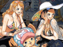 The Straw Hats enjoy the waves on Eiichiro Oda's color spread to One Piece Chapter 1019 "Heliceratops" (2021), Shueisha