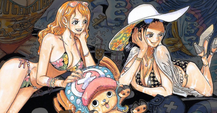 The Straw Hats enjoy the waves on Eiichiro Oda's color spread to One Piece Chapter 1019 "Heliceratops" (2021), Shueisha