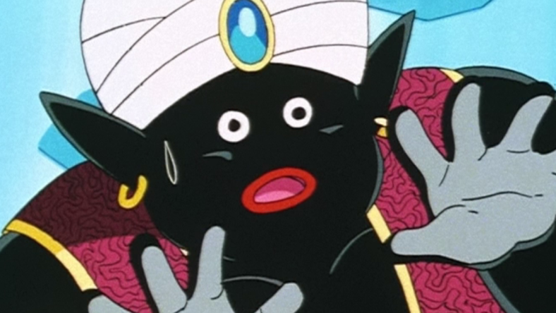 Mr. Popo (Toku Nishio) is surprised by Goten (Masako Nozawa) and Trunks' (Takeshi Kusao) Super Saiyan tantrum in Dragon Ball Z Episode 242 "Gohan is Revived — Kaiōshin's Secret Weapon?!" (1994), Toei Animation