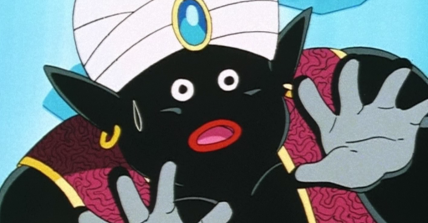 Mr. Popo (Toku Nishio) is surprised by Goten (Masako Nozawa) and Trunks' (Takeshi Kusao) Super Saiyan tantrum in Dragon Ball Z Episode 242 "Gohan is Revived — Kaiōshin's Secret Weapon?!" (1994), Toei Animation