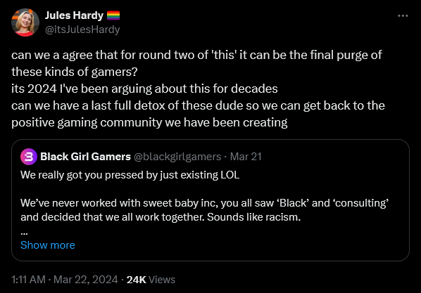 BBC gaming presenter Jules Hardy weighs in on the ongoing Sweet Baby Inc. discourse.