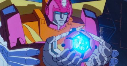 Hot Rod (Judd Nelson) receives the Matrix of Power from Optimus Prime (Peter Cullen) in The Transformers: The Movie (1986), Sunbow Productions
