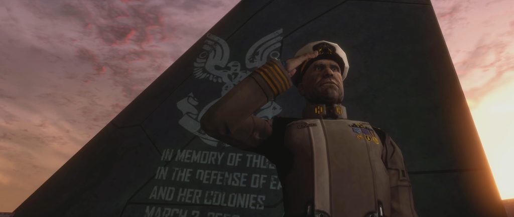 Lord Hood (Ron Perlman) gives a final salute to those who fell during the Battle of Installation 00 in Halo 3 (2007), Bungie