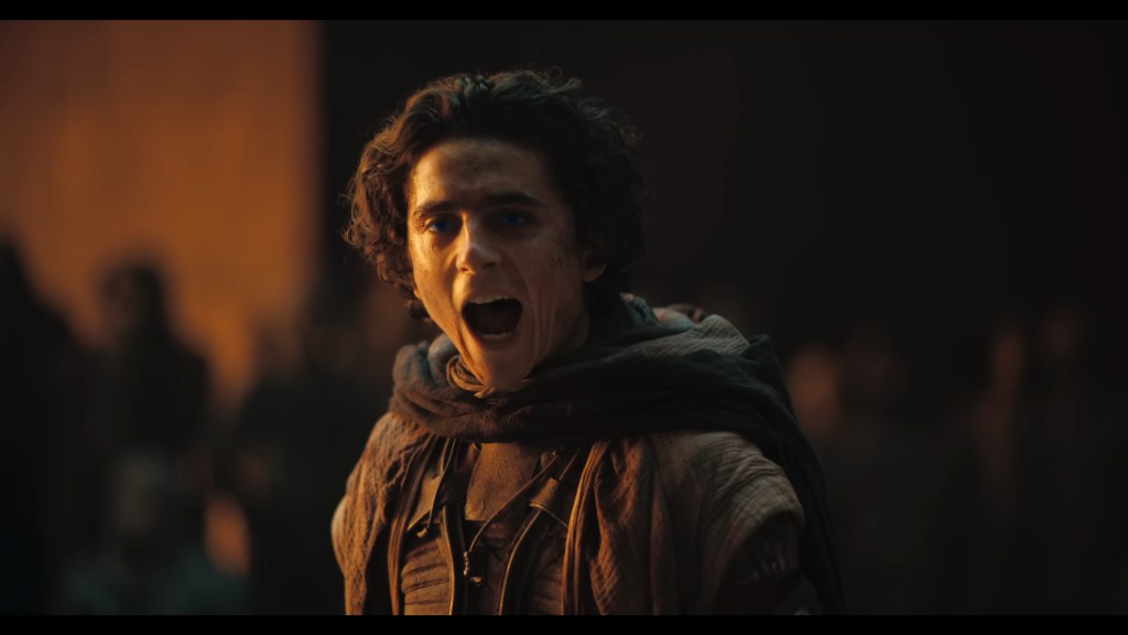 Paul (Timothée Chalamet) demands silence from the Bene Gesserit's Reverend Mother Superior (Charlotte Rampling) in Dune: Part Two (2024), Legendary Pictures