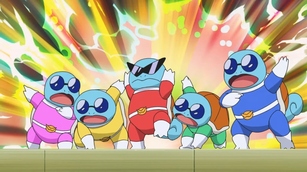 The Squirtle Squad (Rikako Aikawa, Shin-ichiro Miki and Unshō Ishizuka) hit their Henshin in Pokémon Journeys: The Series Episode 141 "Burn! The Zenigame Fire Brigade!!" (2023), The Pokémon Company