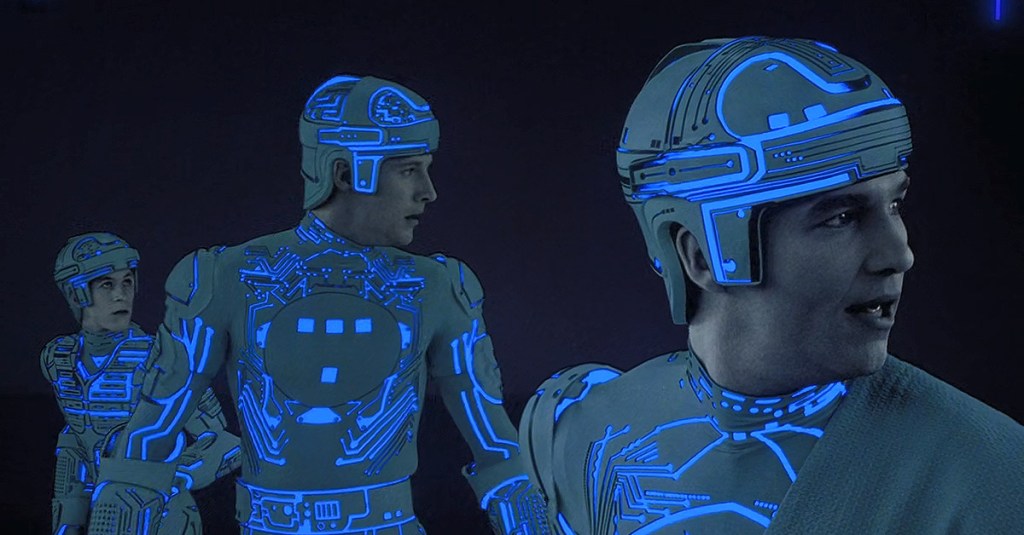 Ram, TRON and Flynn escape from a deadly computer game in TRON (1982), Walt Disney Pictures