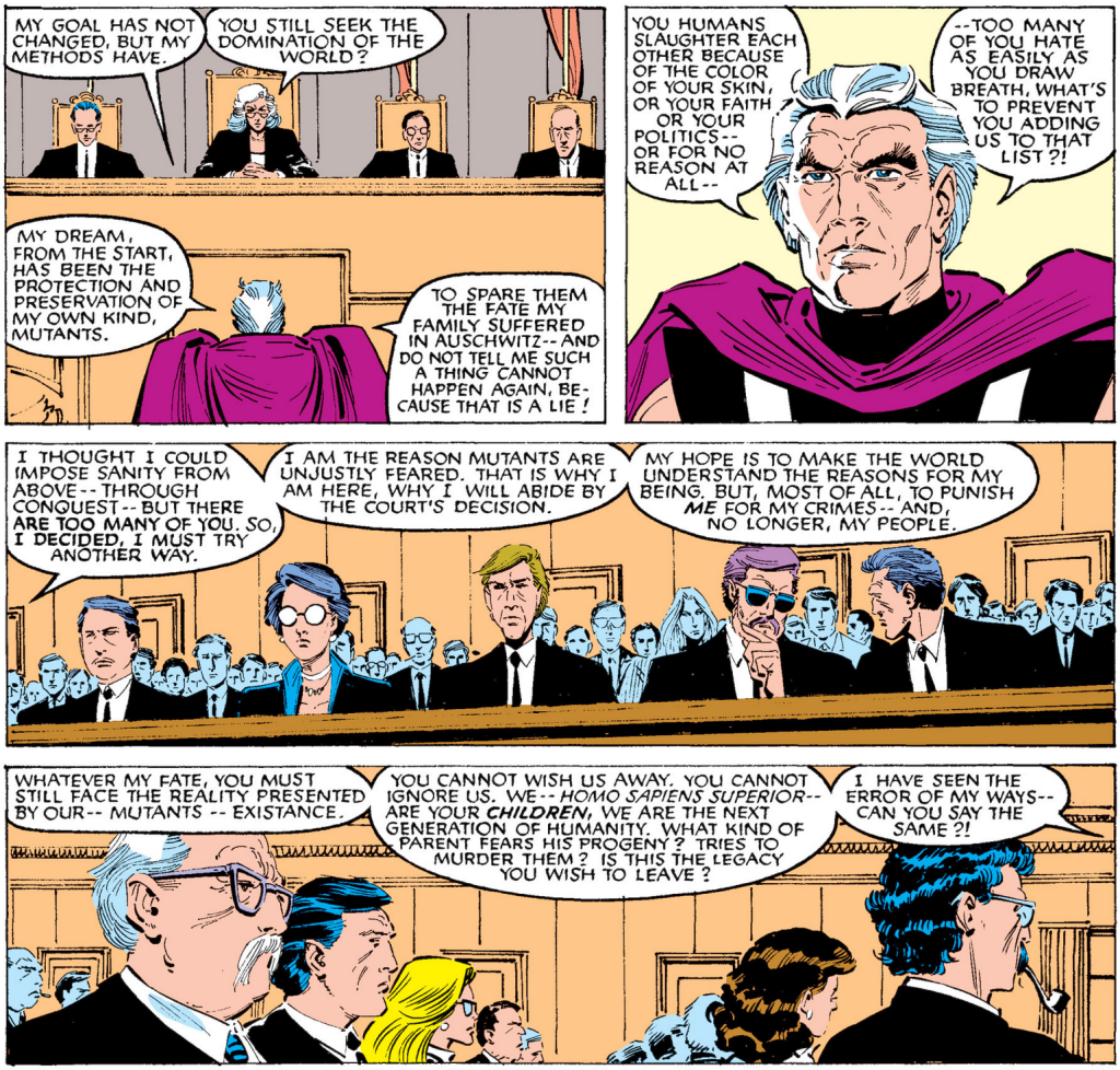 Magneto stands trial in Uncanny X-Men Vol. 1 #200 "The Trial of Magneto!" (1985), Marvel Comics. Words by Chris Claremont, art by John Romita Jr., Dan Green, Glynis Oliver, and Tom Orzechowski.