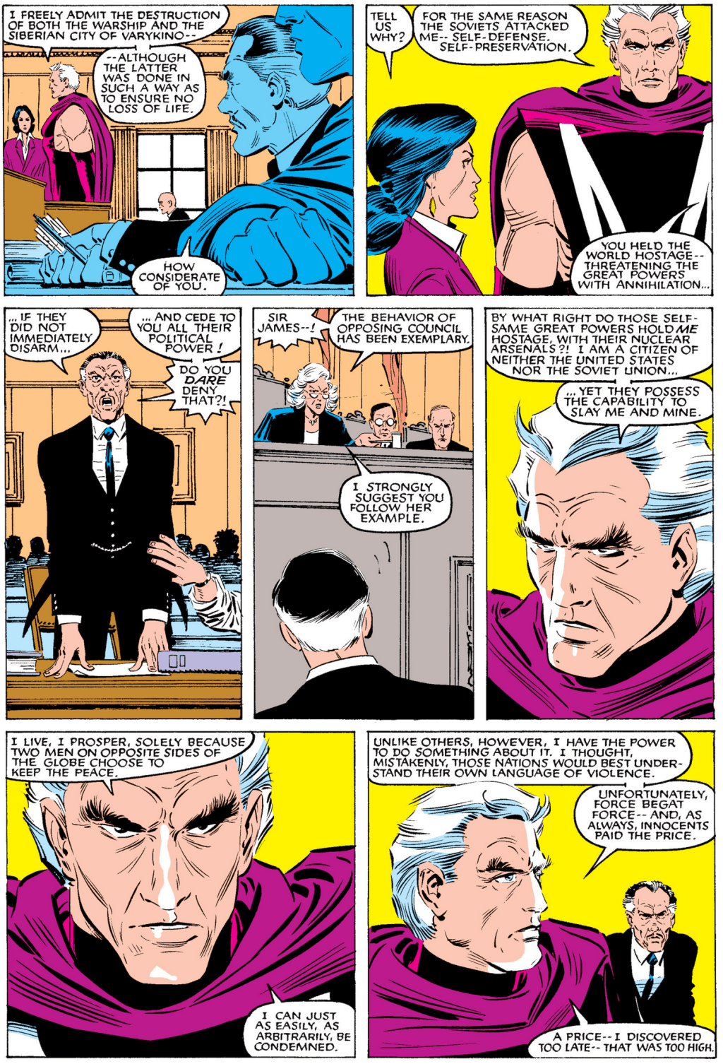 Magneto speaks in his own self-defense in Uncanny X-Men Vol. 1 #200 "The Trial of Magneto!" (1985), Marvel Comics. Words by Chris Claremont, art by John Romita Jr., Dan Green, Glynis Oliver, and Tom Orzechowski.