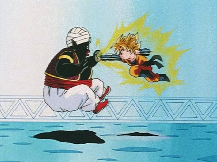 Mr. Popo (Toku Nishio) counters Goten's (Masako Nozawa) best punches in Dragon Ball Z Episode 242 "Gohan is Revived — Kaiōshin's Secret Weapon?!" (1994), Toei Animation