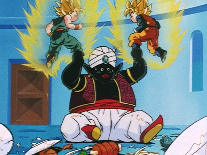 Popo (Toku Nishio) tenta fazer com que Goten (Masako Nozawa) e Trunks (Takeshi Kusao) se estabeleçam em Dragon Ball Z Episódio 242 "Gohan é revivido - a arma secreta de Kaiōshin ?!"  (1994), Animação Toei