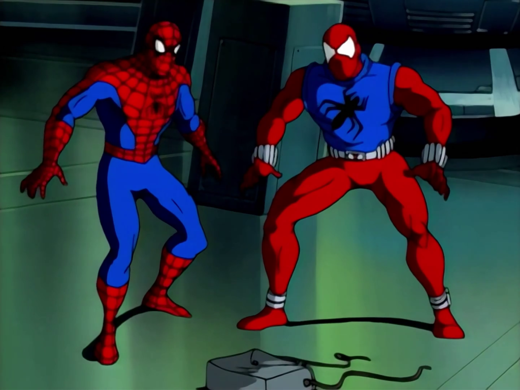 Peter Parker (Christopher Daniel Barnes) and Ben Reilly (Christopher Daniel Barnes) prepare to take on Spider-Carnage (Christopher Daniel Barnes) in Spider-Man: The Animated Series Season 5 Episode 12 "I Really, Really Hate Clones" (1995), Marvel Entertainment