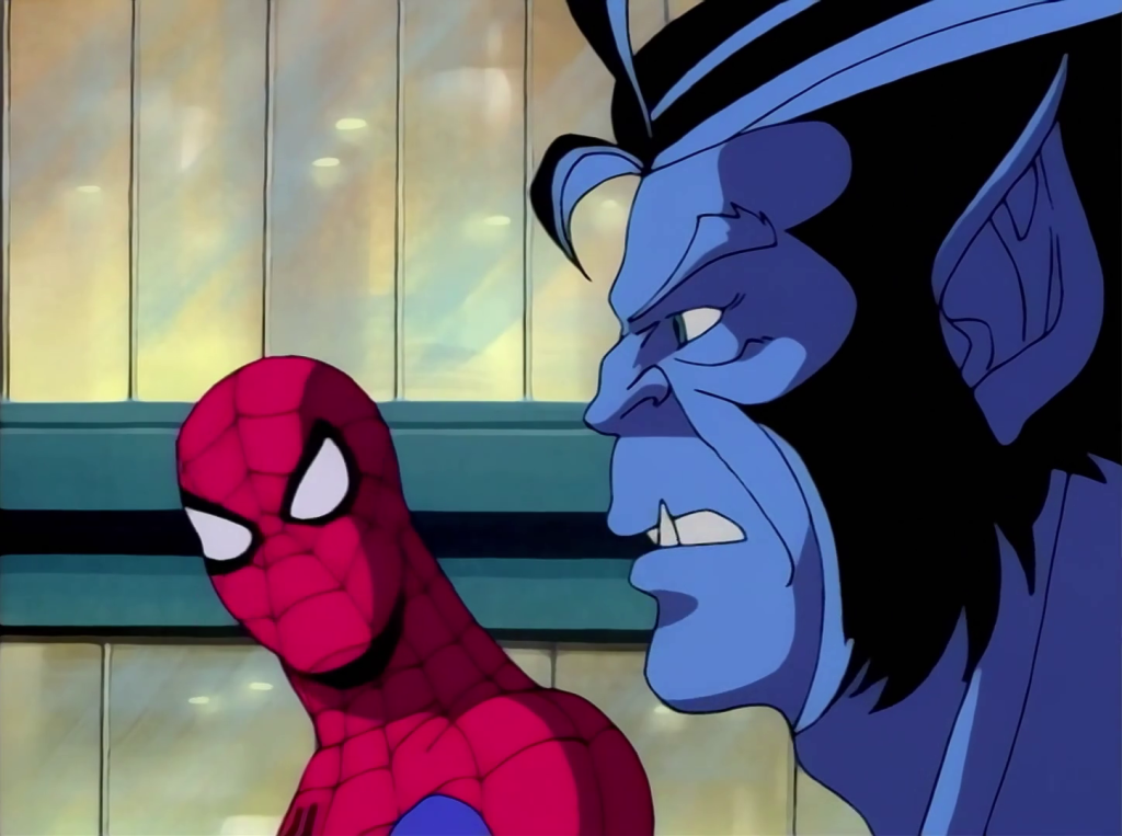 Beast (George Buza) reveals Genevieve (Laurie O'Brien) is a mutant in Spider-Man: The Animated Series Season 2 Episode 5 “Mutants Revenge” (1995), Marvel Entertainment