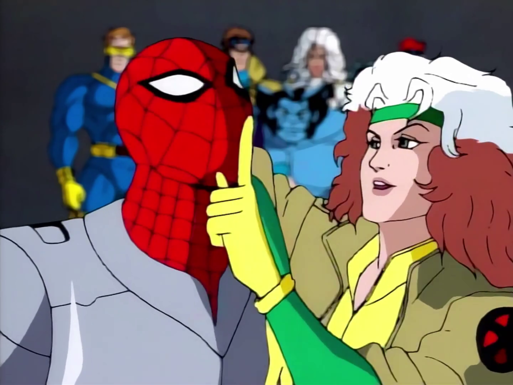 Rogue (Lenore Zann) tries to flirt information out of Spider-Man (Christopher Daniel Barnes) in Spider-Man: The Animated Series Season 2 Episode 4 “The Mutant Agenda” (1995), Marvel Entertainment