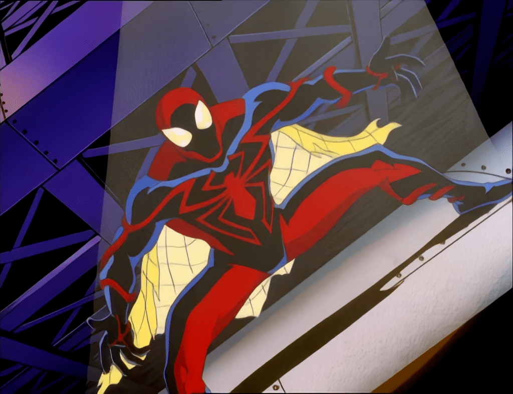 Spider-Man (Christopher Daniel Barnes) debuts his new costume in Spider-Man Unlimited Season 1 Episode 1 "Worlds Apart, Part One" (1999), Marvel Entertainment