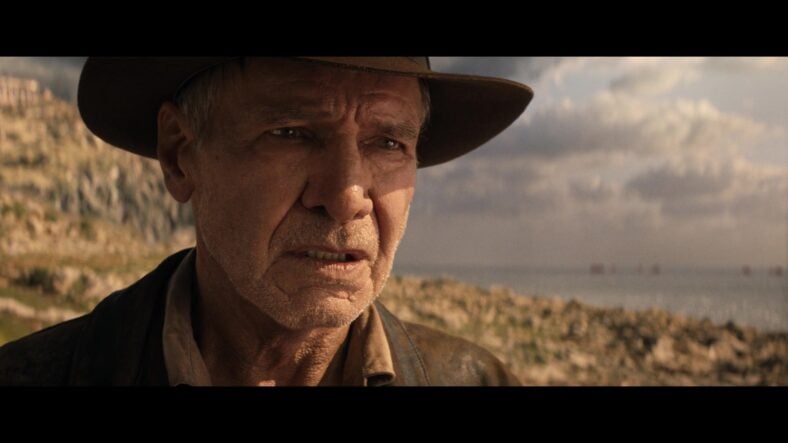 Indy (Harrison Ford) begs Helena (Phoebe Waller-Bridge) to let him stay in the past in Indiana Jones and the Dial of Destiny (2023), Lucasfilm