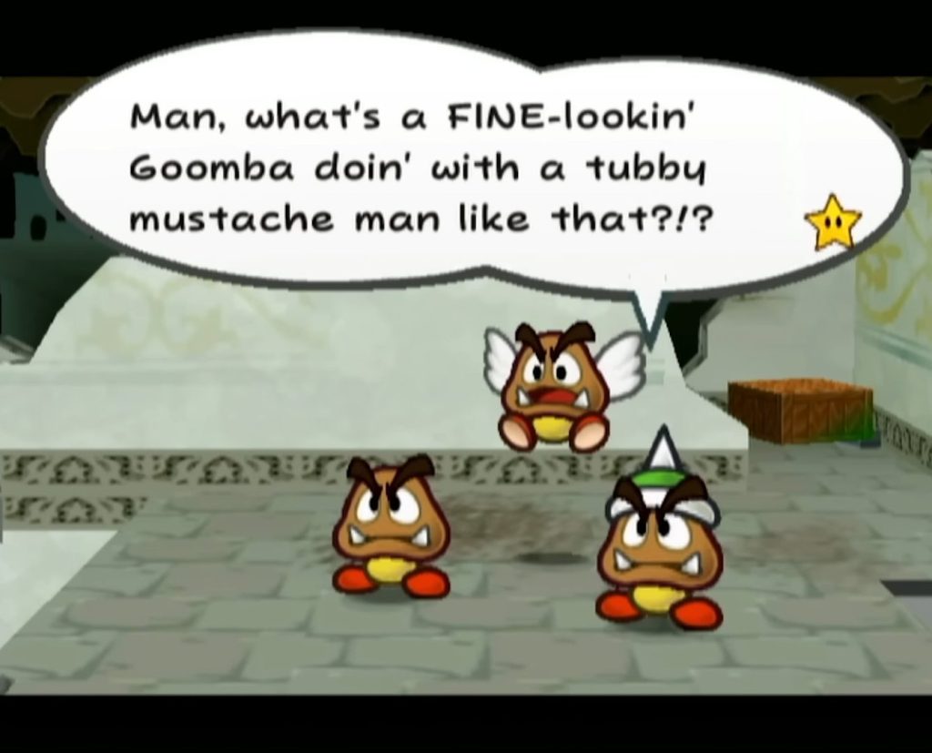 A trio of Goombas insult Mario in Paper Mario: The Thousand-Year Door (2004), Nintendo