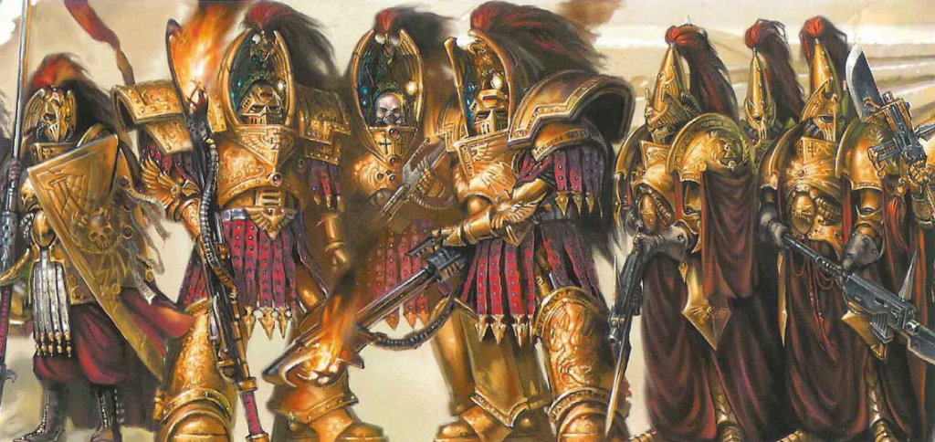 An Adeptus Custodian Terminator Squad marches into battle in Sam Wood's 'Custodian Terminator Squad' art for the Warhammer 40K Horus Heresy CCG (2004), Games Workshop