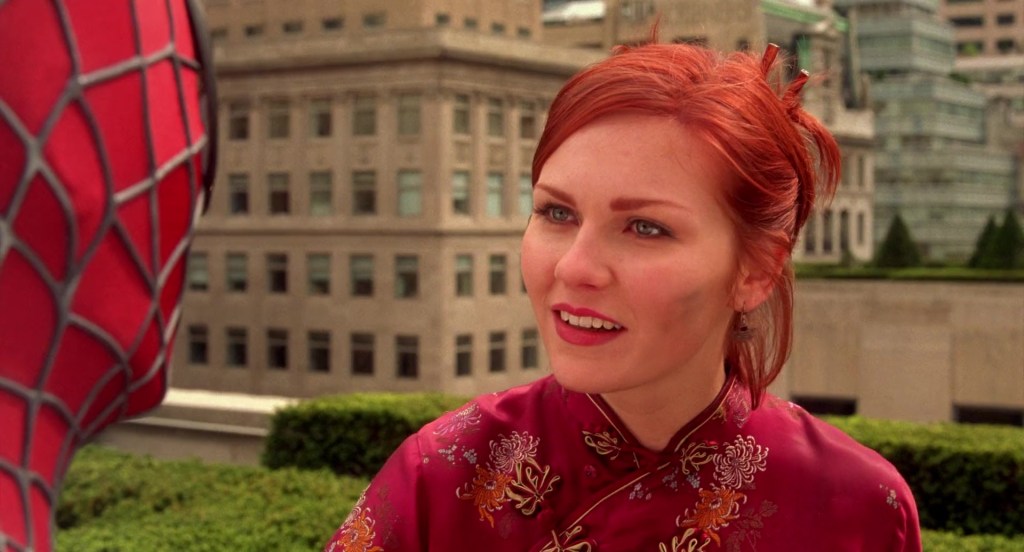 Mary-Jane Watson (Kirsten Dunst) thanks the wall-crawler (Tobey Maguire) for saving her life in Spider-Man (2002), Sony