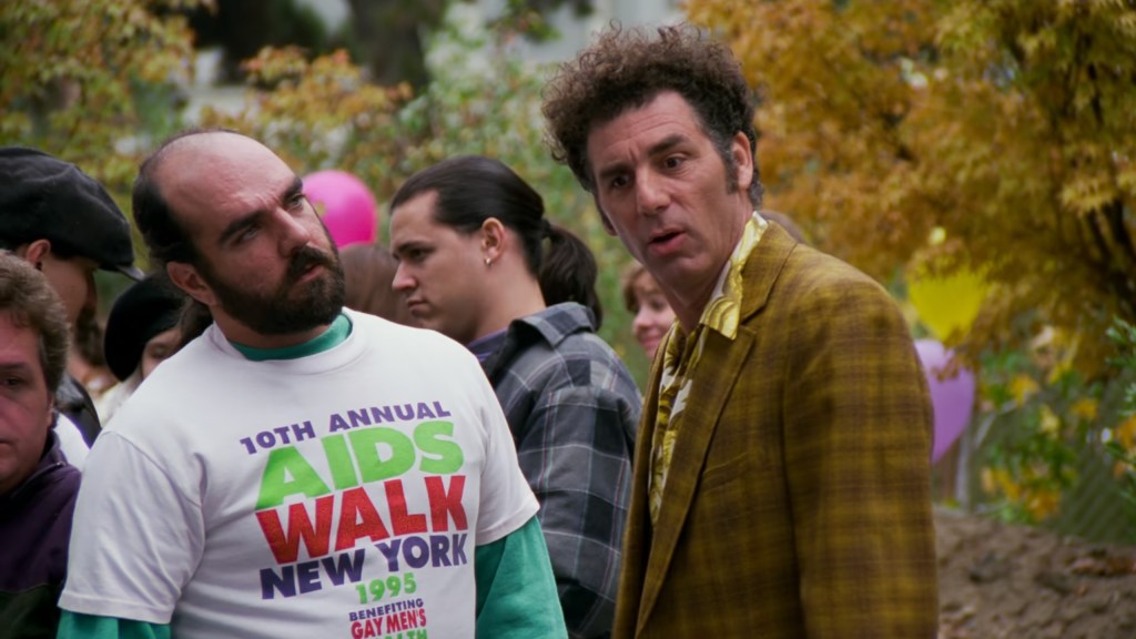 Kramer (Michael Richards) refuses to wear an AIDS ribbon in Seinfeld Season 7 Episode 9 "The Sponge" (1995), NBC