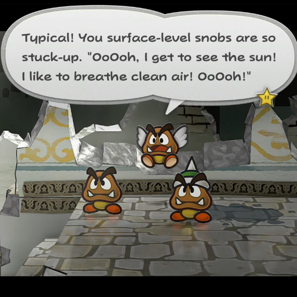 A trio of Goombas take issue with Mario and company in Paper Mario: The Thousand-Year Door (2024), Nintendo