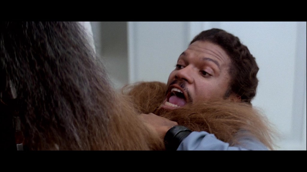 Lando Calrissian (Billy Dee Williams) tries to explain his betrayal to Chewbacca (Peter Mayhew) in Star Wars Episode V: The Empire Strikes Back (1980), Lucasfilm