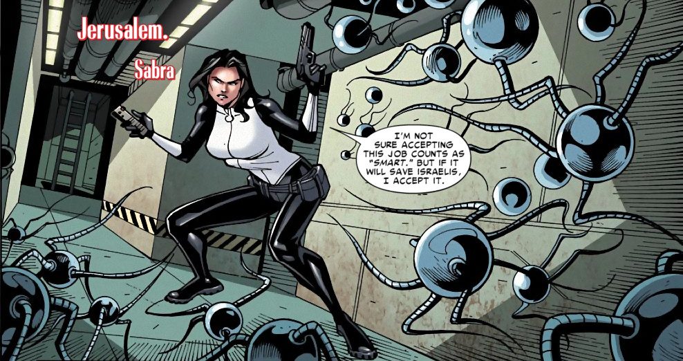 Sabra helps Spider-Man to stop Doc Ock's final attempt at world domination in Amazing Spider-Man: Ends of the Earth (2012), Marvel Comics. Words by Dan Slott, Brian Clevinger, and Rob Williams, art by Thony Silas, Victor Olazaba, Wil Quintana, and Joe Caramagna.