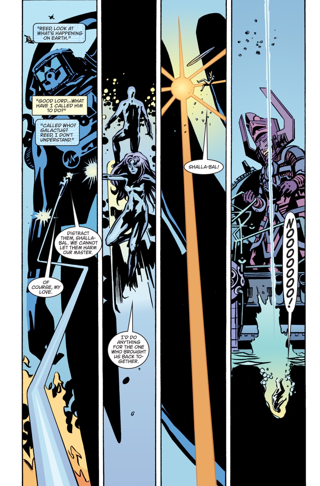 Shalla-Bal falls in battle in Earth X Vol. 1 #X "Earth X, Chapter X" (2000), Marvel Comics. Words by Jim Krueger and Alex Ross, art by John Paul Leon, Bill Reinhold, Melissa Edwards, and Todd Klein.