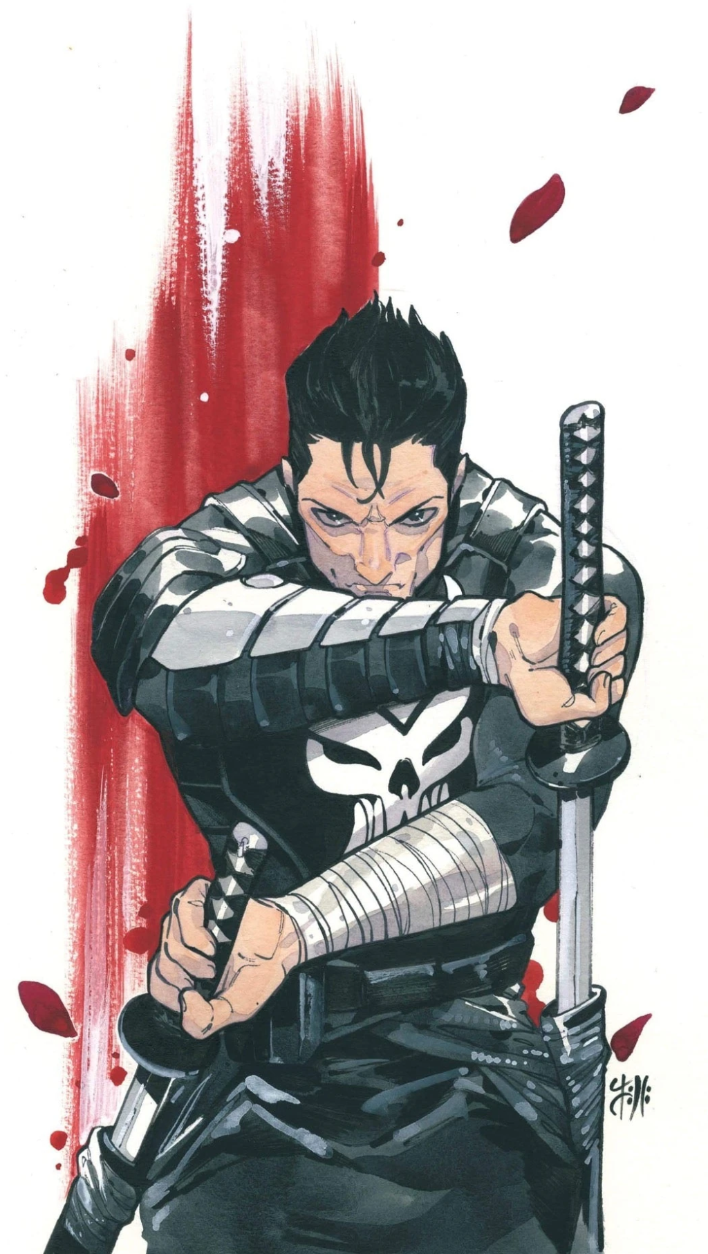 Frank Castle draws his blades on Peach Momoko's 616 Comics and Big Time Collectibles variant cover to Punisher Vol. 13 #1 ""The King of Killers - Book One, Chapter One: The Blessings of War" (2022), Marvel Comics