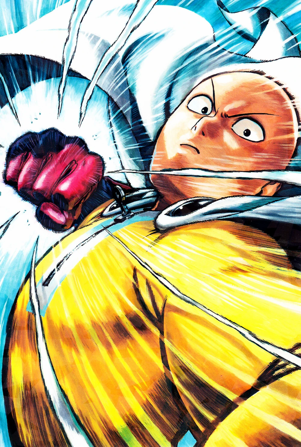 Saitama libera seu poder na arte da capa com tema One-Punch Man de Yusuke Murata para Weekly Shonen Jump Vol. 8 (2015), Shueisha