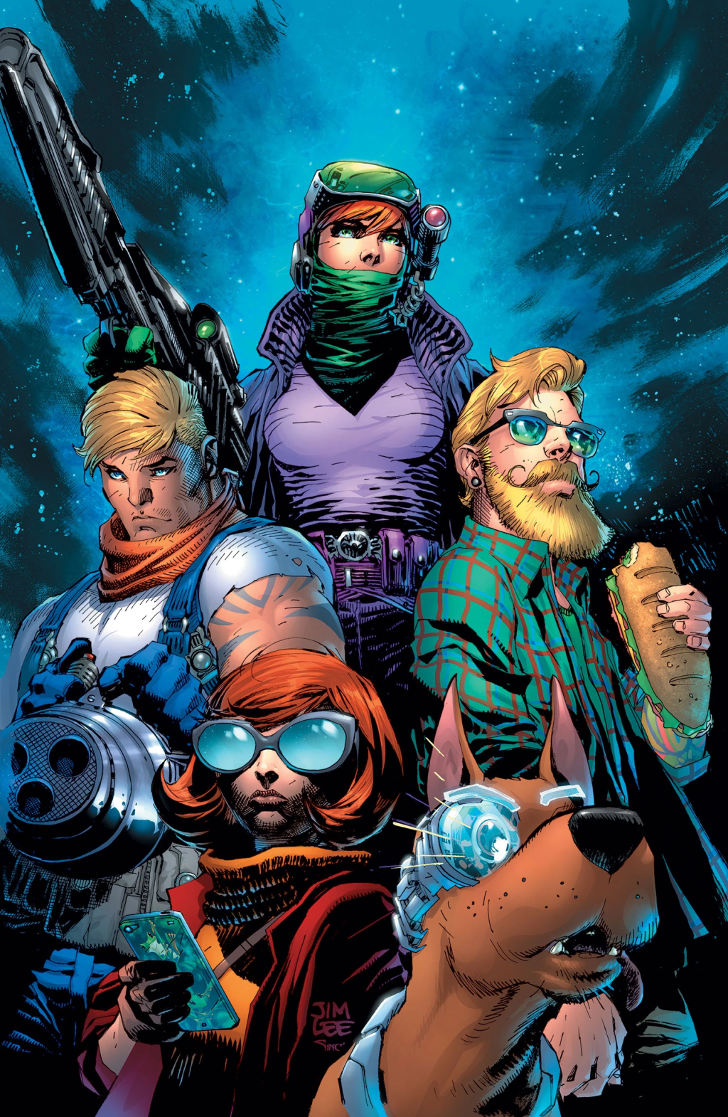 The Mystery Gang stands assembled on Jim Lee's variant cover to Scooby Apocalypse Vol. 1 #4 "Furs and Fangs!" (2016), DC