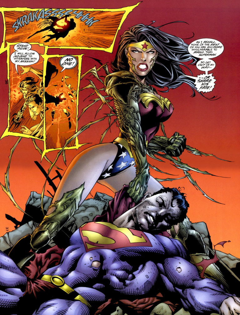 Wonder Woman comes under the control of the Witchblade in JLA/Witchblade (2000), DC/Top Cow. Words by Len Kaminski, art by Mark Pajarillo, Walden Wong, John Kasliz, and John Constanza.