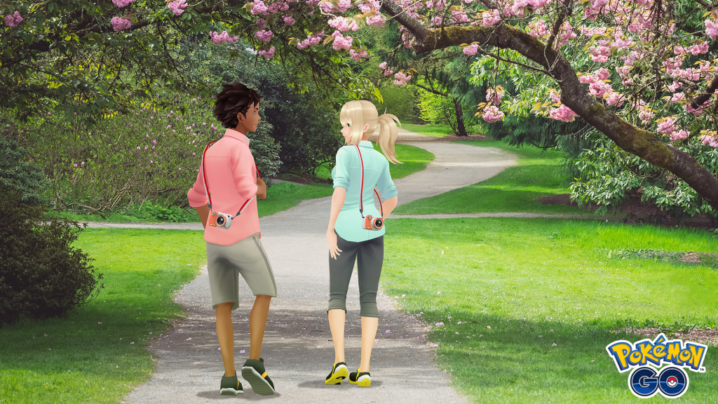 Two trainers walk through the park during the New Pokémon Snap challenge in Pokémon GO (2016), Niantic