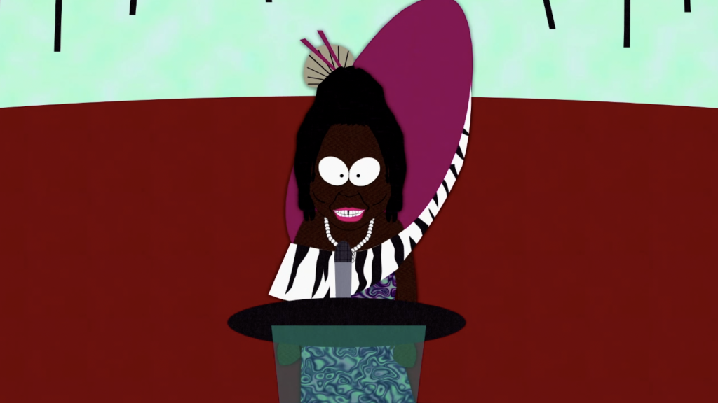 One-trick pony Whoopi Goldberg (Trey Parker) mocks Republicans in South Park Season 3 Episode 2 "Spontaneous Combustion" (1999), Comedy Central