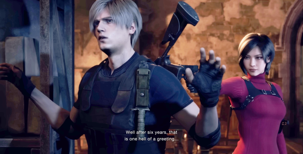 Ada Wong (Junko Minagawa) takes Leon (Toshiyuki Morikawa) by surprise in Resident Evil 4 Remake (2023), Capcom