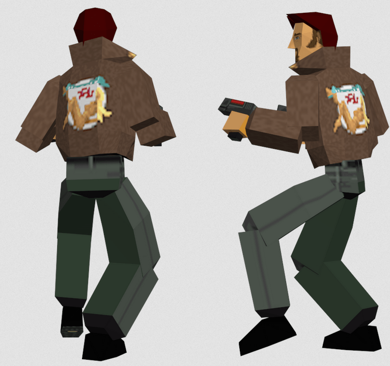 Pierre’s original Lady Luck jacket (with the graphic’s bare nipples slightly blurred), as seen on in his model in Tomb Raider (1997), Eidos Interactive
