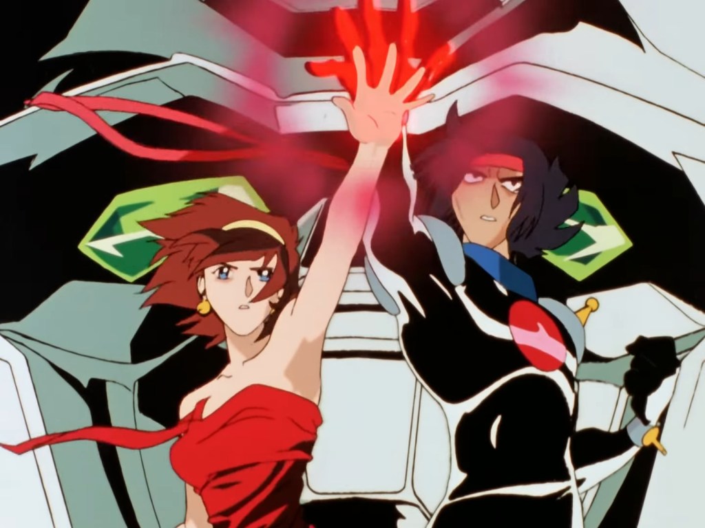 Dommon Kashu (Tomokazu Seki) and Rain Mikamura (Yuri Amano) activate the true power of the God Gundam in Mobile Fighter G Gundam Episode 49 "God Gundam's Great Triumph: A Hope Future; Ready, Go!" (2002), Snrise