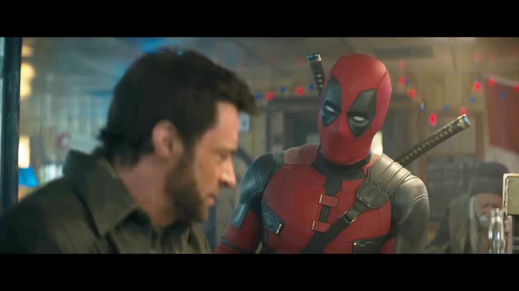 Deadpool (Ryan Reynolds) attempts to recruit Wolverine (Hugh Jackman) to help him save the multiverse in Deadpool & Wolverine (2024), Marvel Entertainment