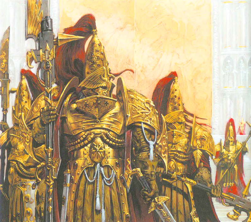 The Adeptus Custodes are ready to stamp out Heresy in Adrian Smith's 'Custodian Command Squad' art for the Warhammer 40K Horus Heresy CCG (2004), Games Workshop