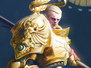 Adeptus Custodes Shield-Captain Valerian stands back-to-back with Sister Tanau Aleya on Stanton Feng's cover art to Warhammer 40K - Watchers of the Throne: Regent's Shadow (2020), Games Workshop