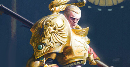 Adeptus Custodes Shield-Captain Valerian stands back-to-back with Sister Tanau Aleya on Stanton Feng's cover art to Warhammer 40K - Watchers of the Throne: Regent's Shadow (2020), Games Workshop