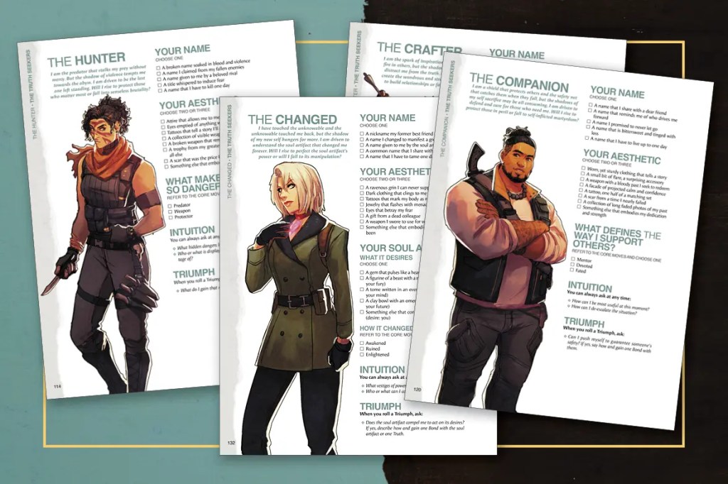 A sampling of various character sheets in Tomb Raider: Shadows of Truth (2025), Evil Hat Productions