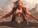 Thor (Chris Hemsworth) split kicks a pair of Booskan speeders in Thor: Love and Thunder (2022), Marvel Entertainment